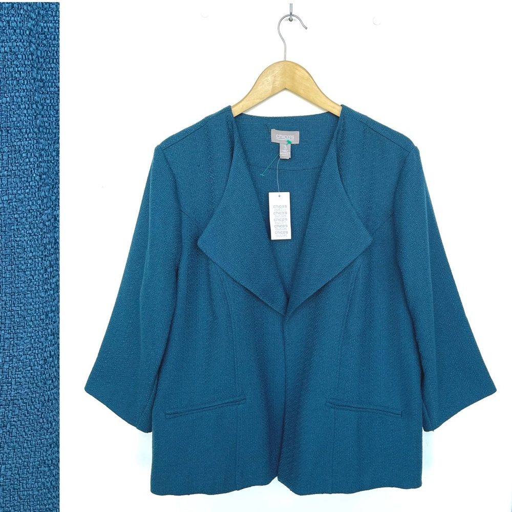 CHICO’S Blazer Knit Open Front 3/4 Sleeve Two Front Pockets Blue